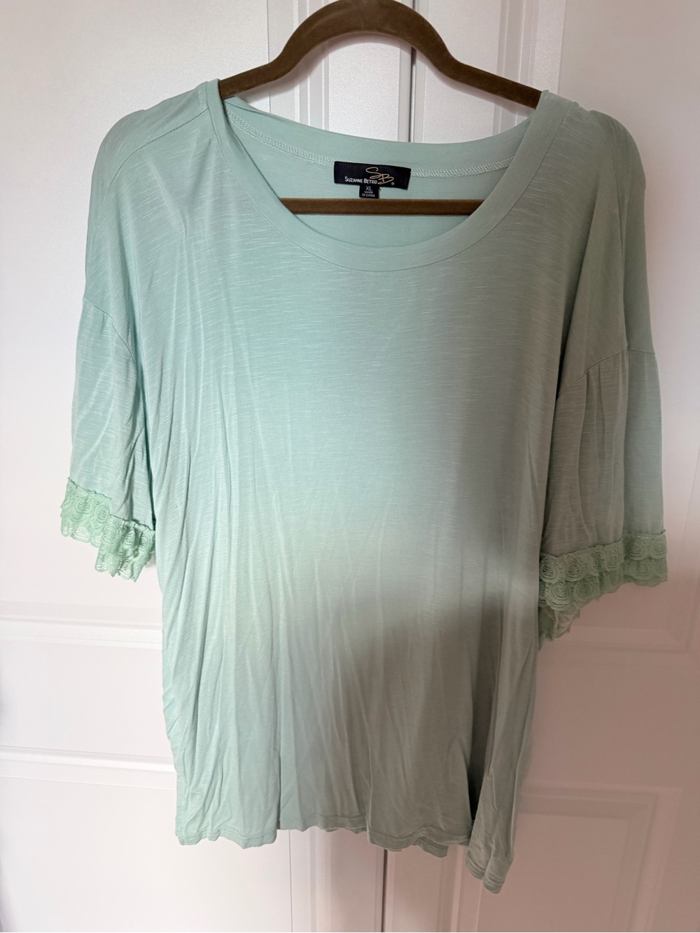 Suzanne Betro Mint Green Short Sleeve Lace-Trim Top